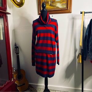Love Moschino Blue & Red Striped Long Sleeve Cowl Neck Mini Dress